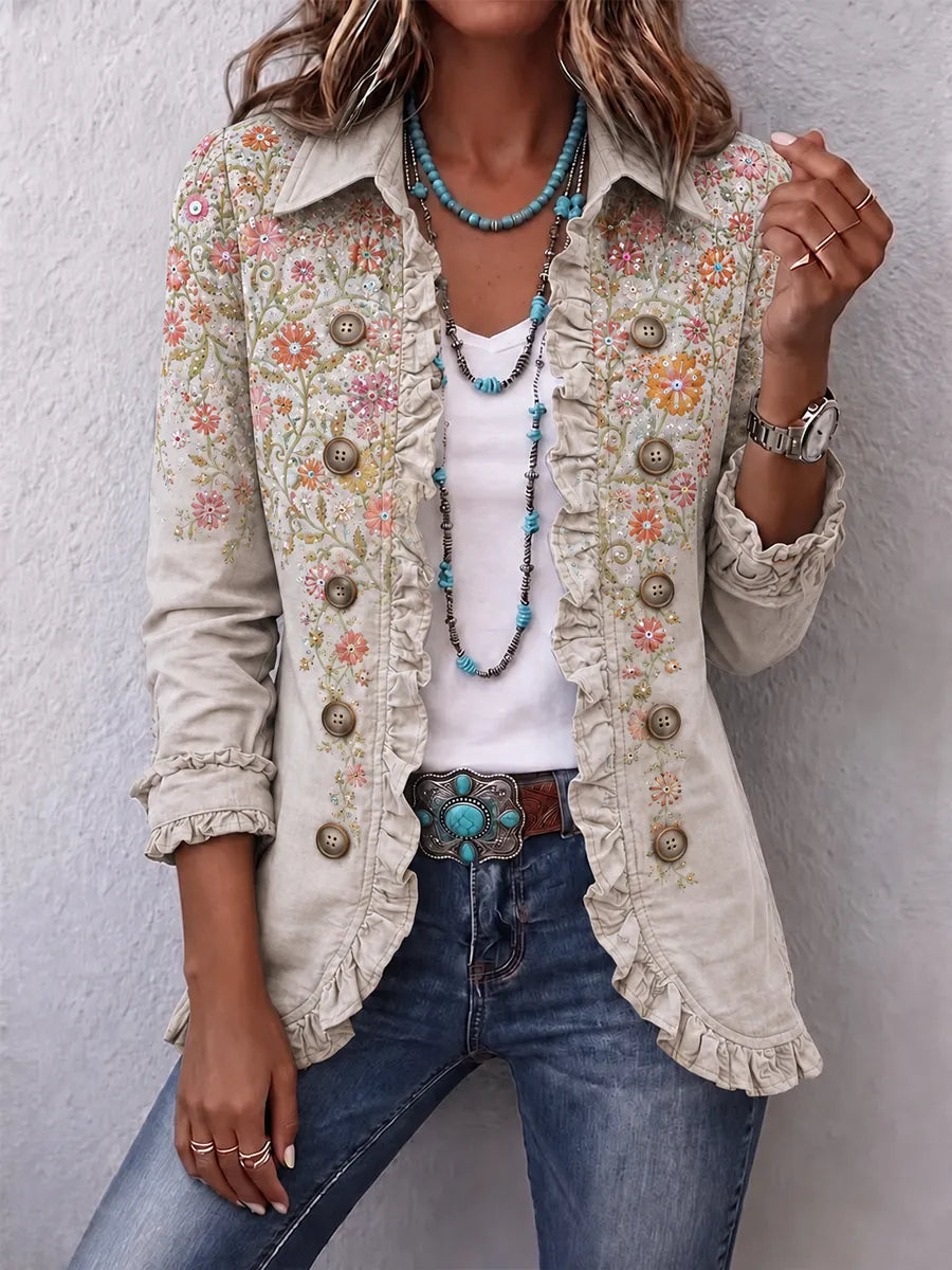 Women's Vintage Floral Print Casual Ruffled Shirt Jacket
