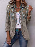 Women's Vintage Floral Print Casual Ruffled Shirt Jacket