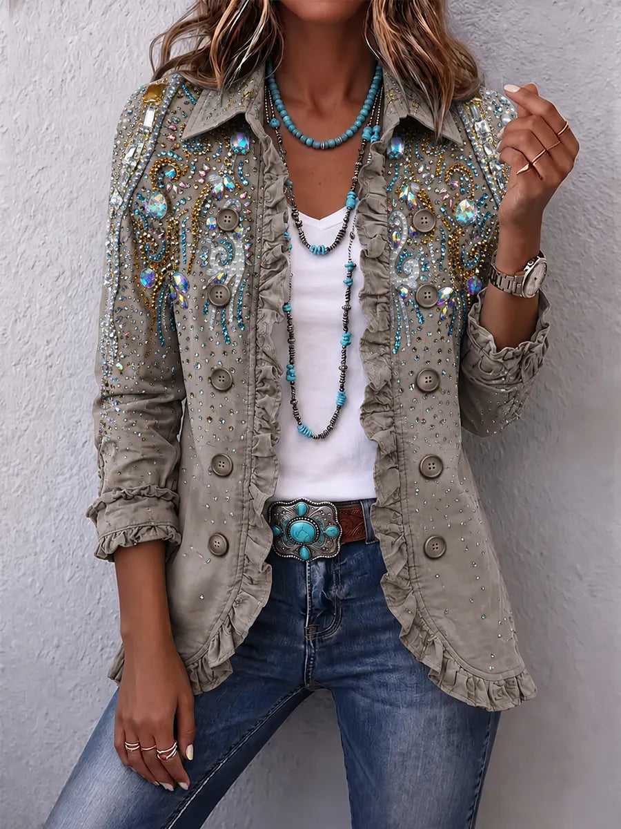 Women's Vintage Floral Print Casual Ruffled Shirt Jacket
