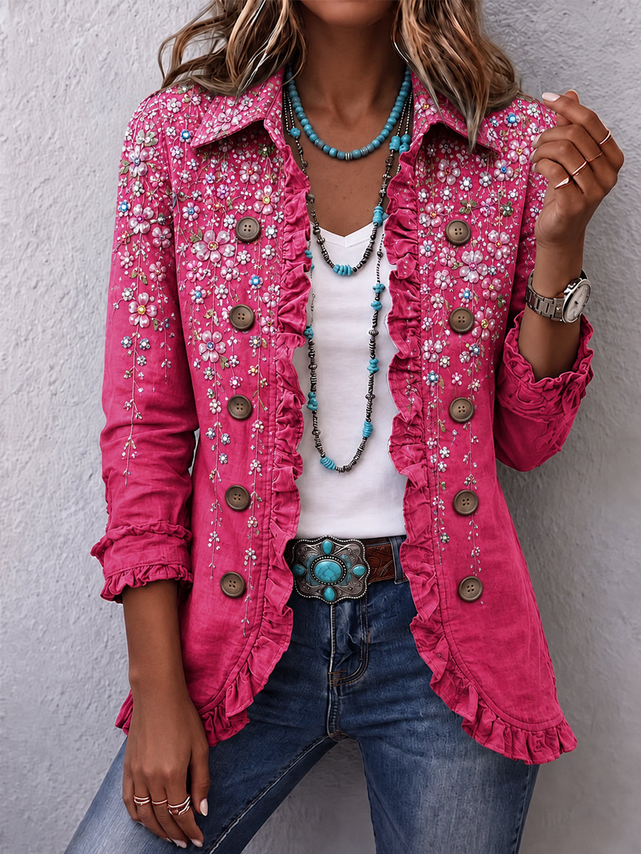 Women's Vintage Floral Print Casual Ruffled Shirt Jacket