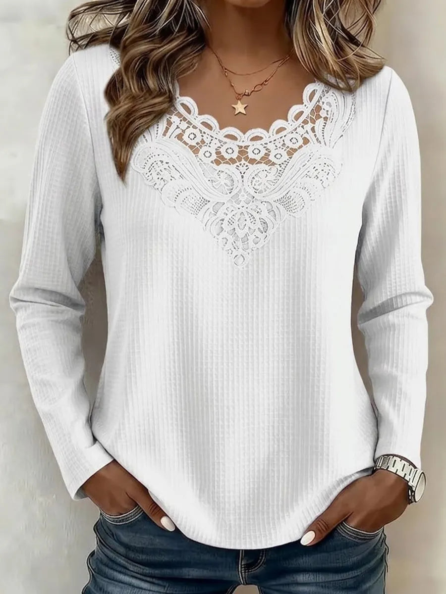 Solid-color Long-sleeve Top With Lace Splicing And Cut-out Details