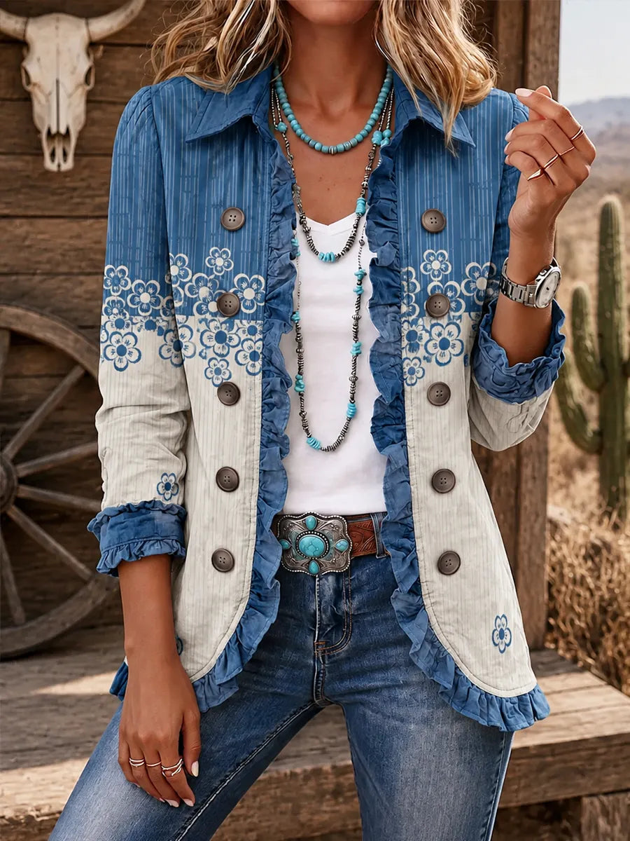 Women's Vintage Floral Print Casual Ruffled Shirt Jacket