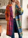 Boho Rainbow Plaid Long Wool‐Blend Coat