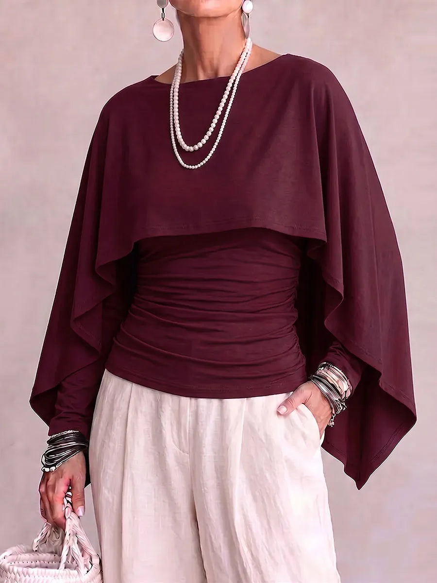 Women's Solid Color Round Neck Long-sleeved Casual Loose Cape-style Top