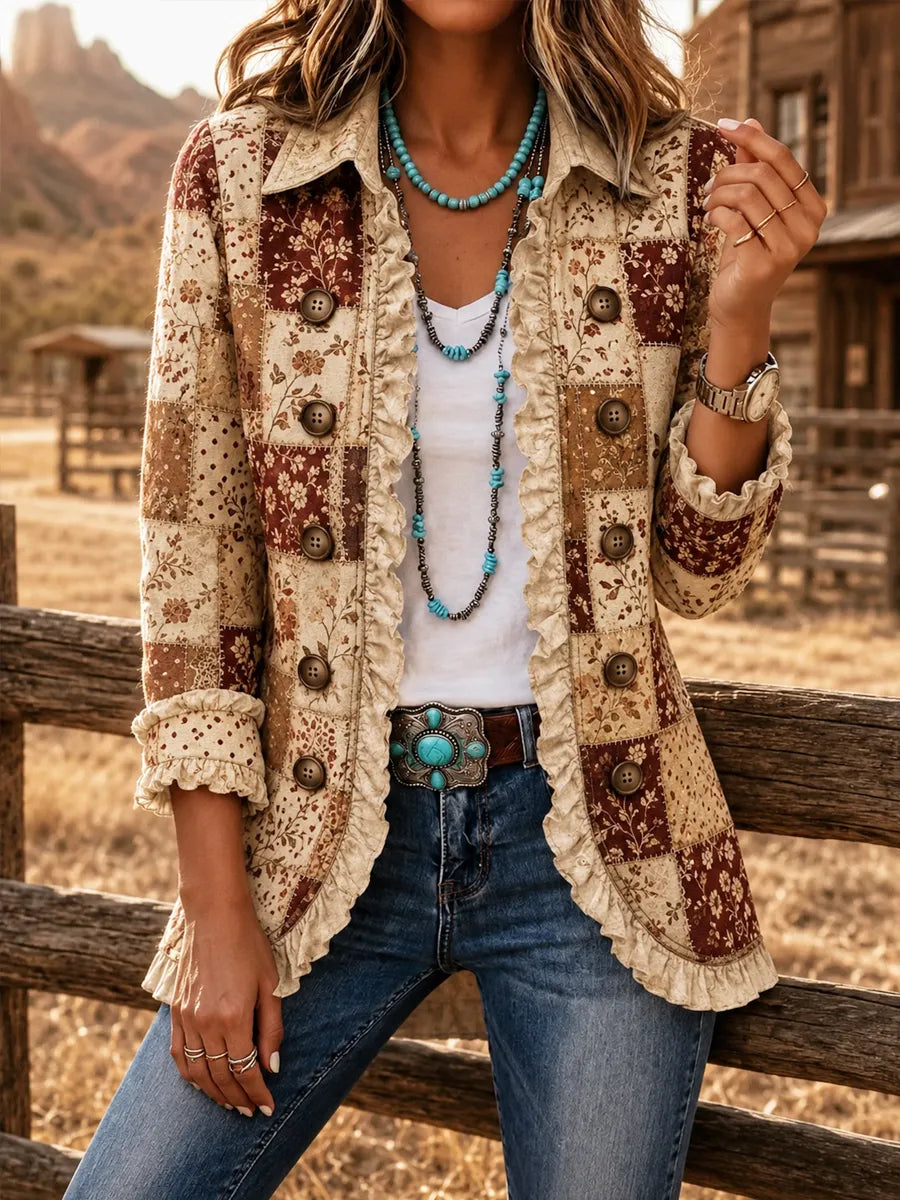 Women's Vintage Patchwork Floral Print Casual Ruffled Shirt Jacket