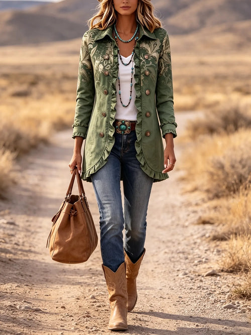 Bohemian Gold Floral Print Ruffle Jacket