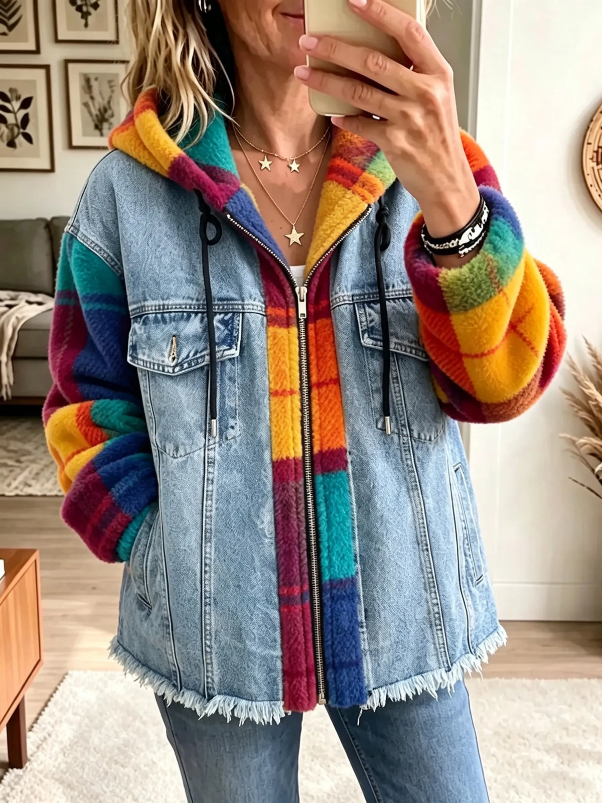 Vintage Elegant Denim Patchwork Plaid Fleece Coat