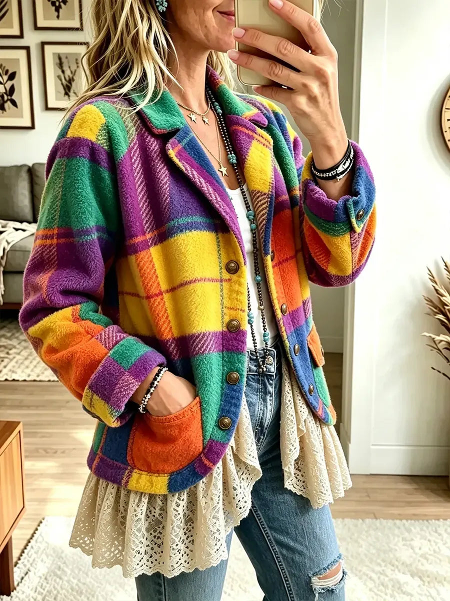 Boho Rainbow Plaid Lace‐Hem Fleece Jacket