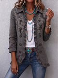 Women's Vintage Floral Print Casual Ruffled Shirt Jacket