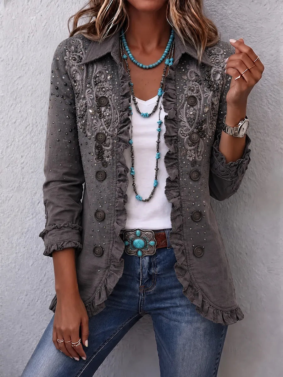 Women's Vintage Floral Print Casual Ruffled Shirt Jacket