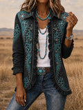 Women's Vintage Western Style Print Casual Ruffled Shirt Jacket