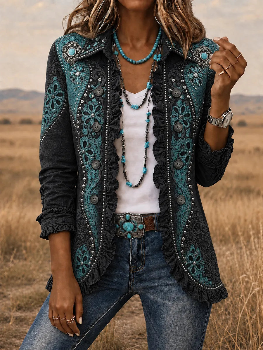 Women's Vintage Western Style Print Casual Ruffled Shirt Jacket
