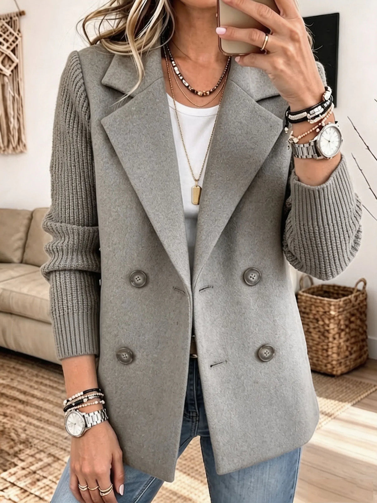 Women Mixed Media Blazer, Knit Sleeve Double‐Breasted Lapel Wool‐Blend Jacket
