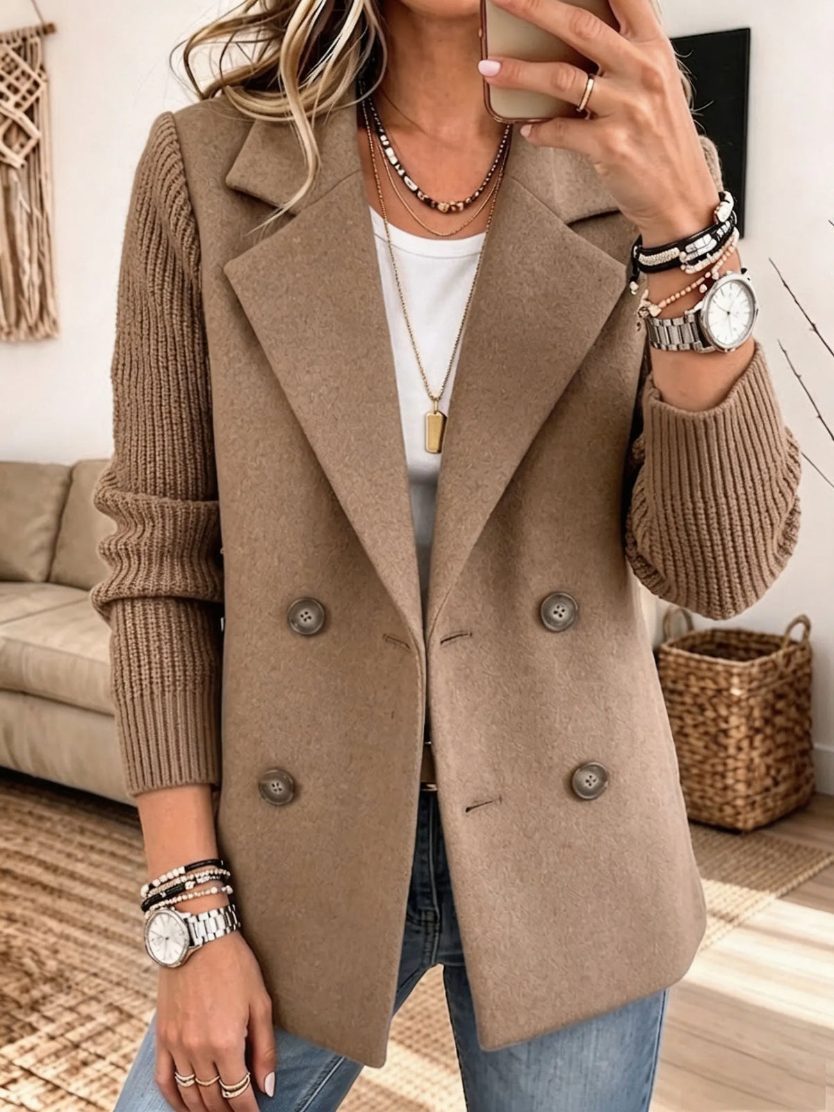 Women Mixed Media Blazer, Knit Sleeve Double‐Breasted Lapel Wool‐Blend Jacket