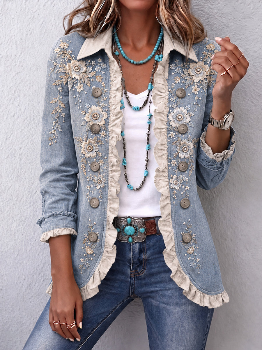 Women's Vintage Floral Art Print Casual Ruffled Shirt Jacket