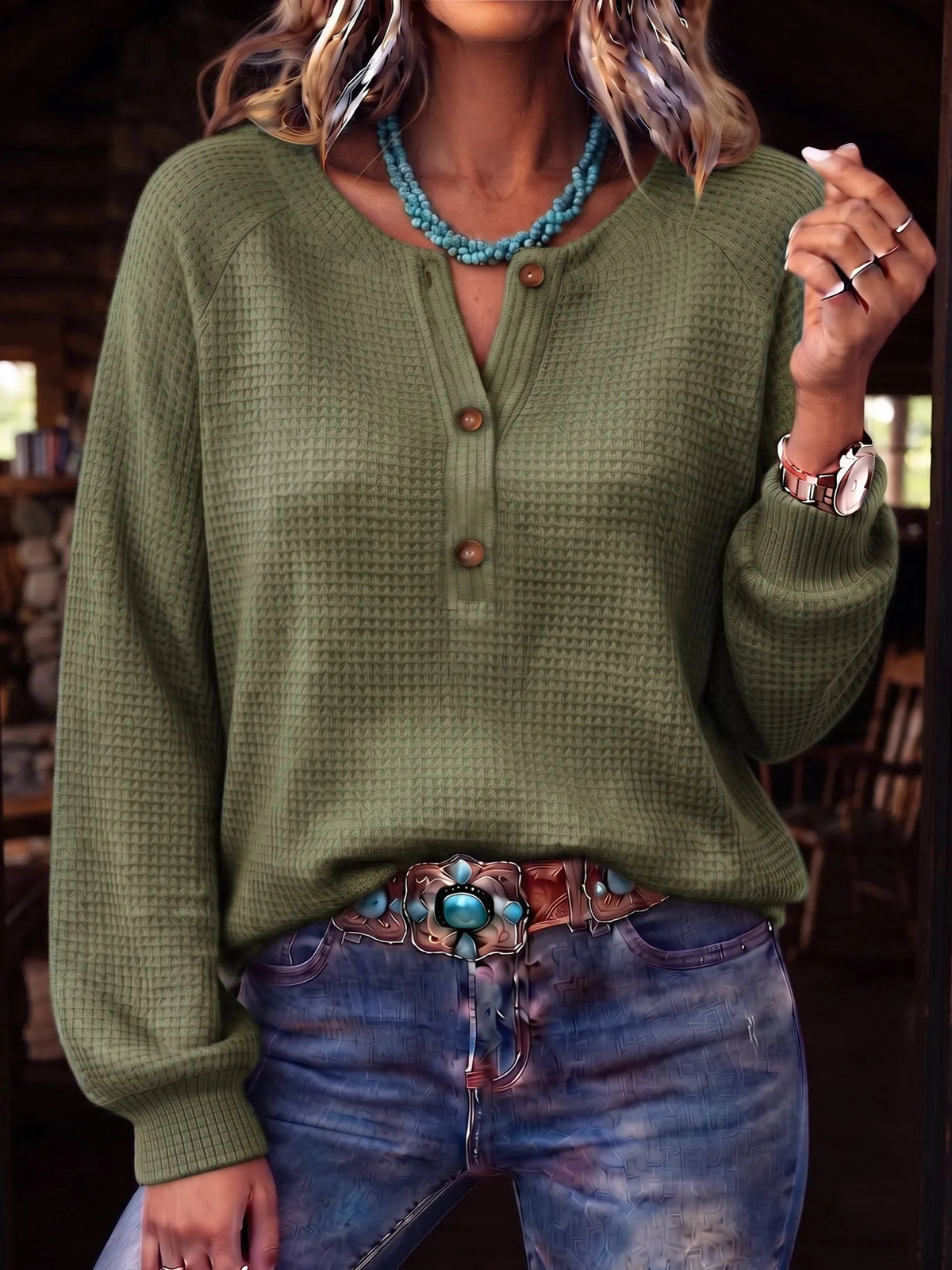 Cozy Waffle Knit Henley Top