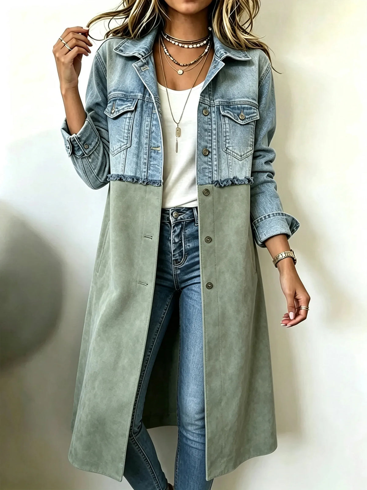 Vintage Frayed Trim Denim Suede Patchwork Long Jacket
