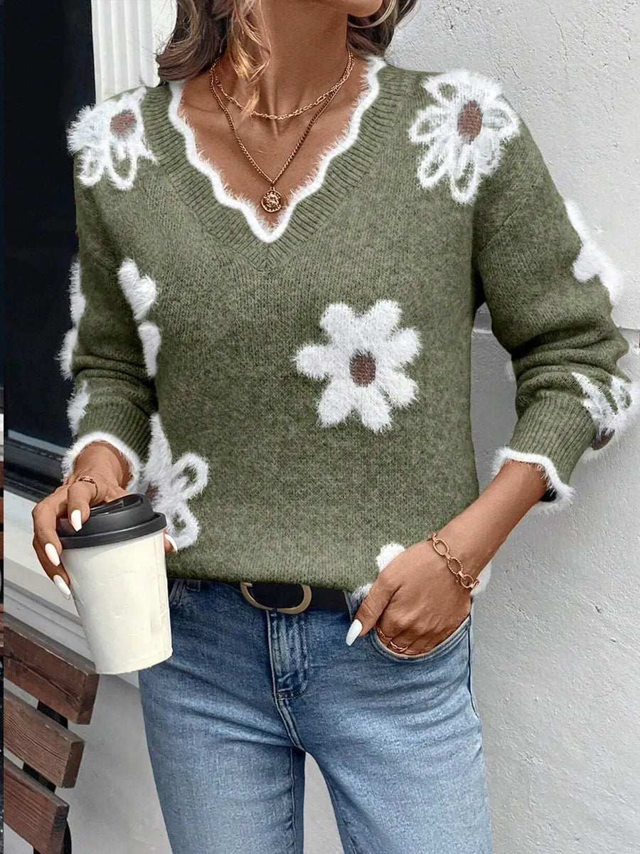 Cozy Floral Knit Scalloped V-Neck Sweater