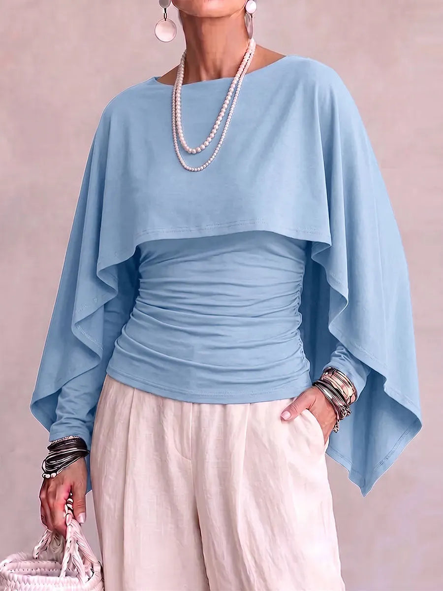 Women's Solid Color Round Neck Long-sleeved Casual Loose Cape-style Top