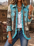 Women's Vintage Western-Style Print Casual Ruffled Shirt Jacket