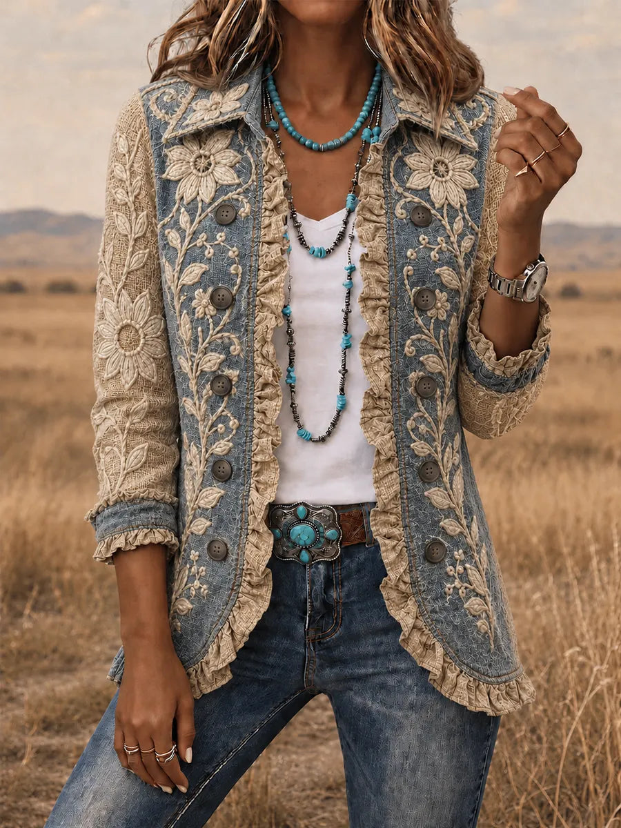 Women's Vintage Floral Art Print Casual Ruffled Shirt Jacket