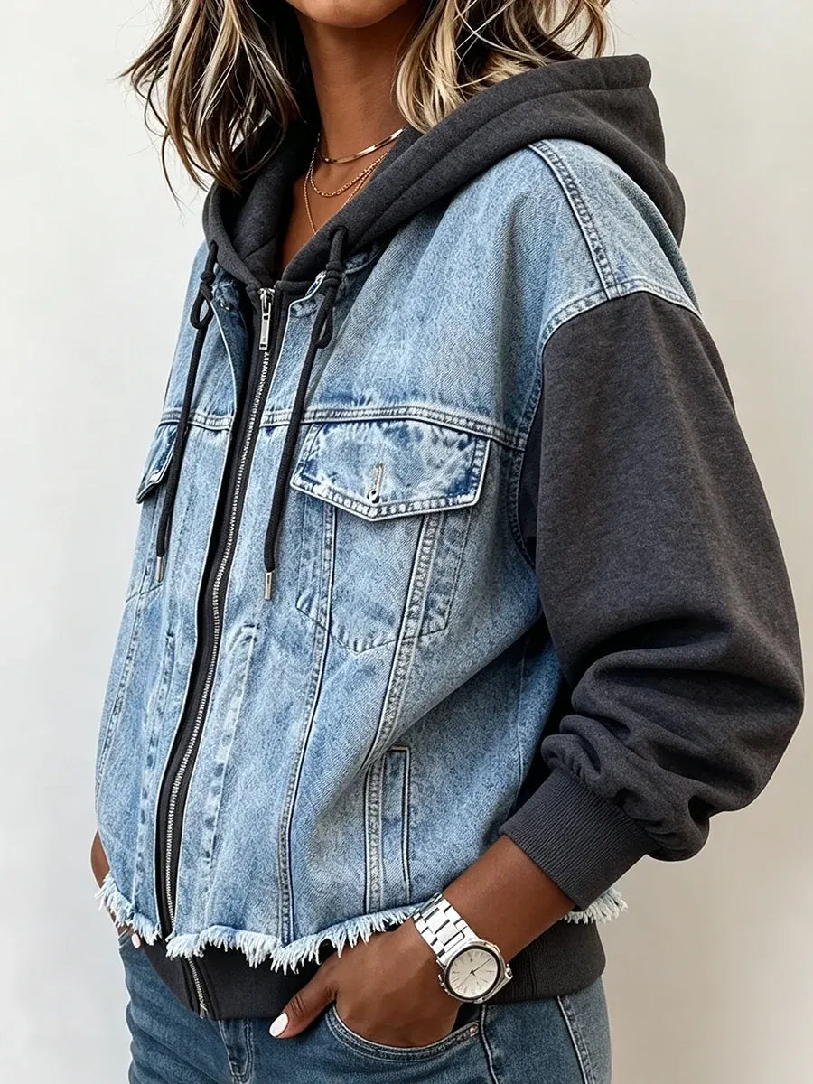 Western Spliced Zip‐Up Denim Hooded Jacket