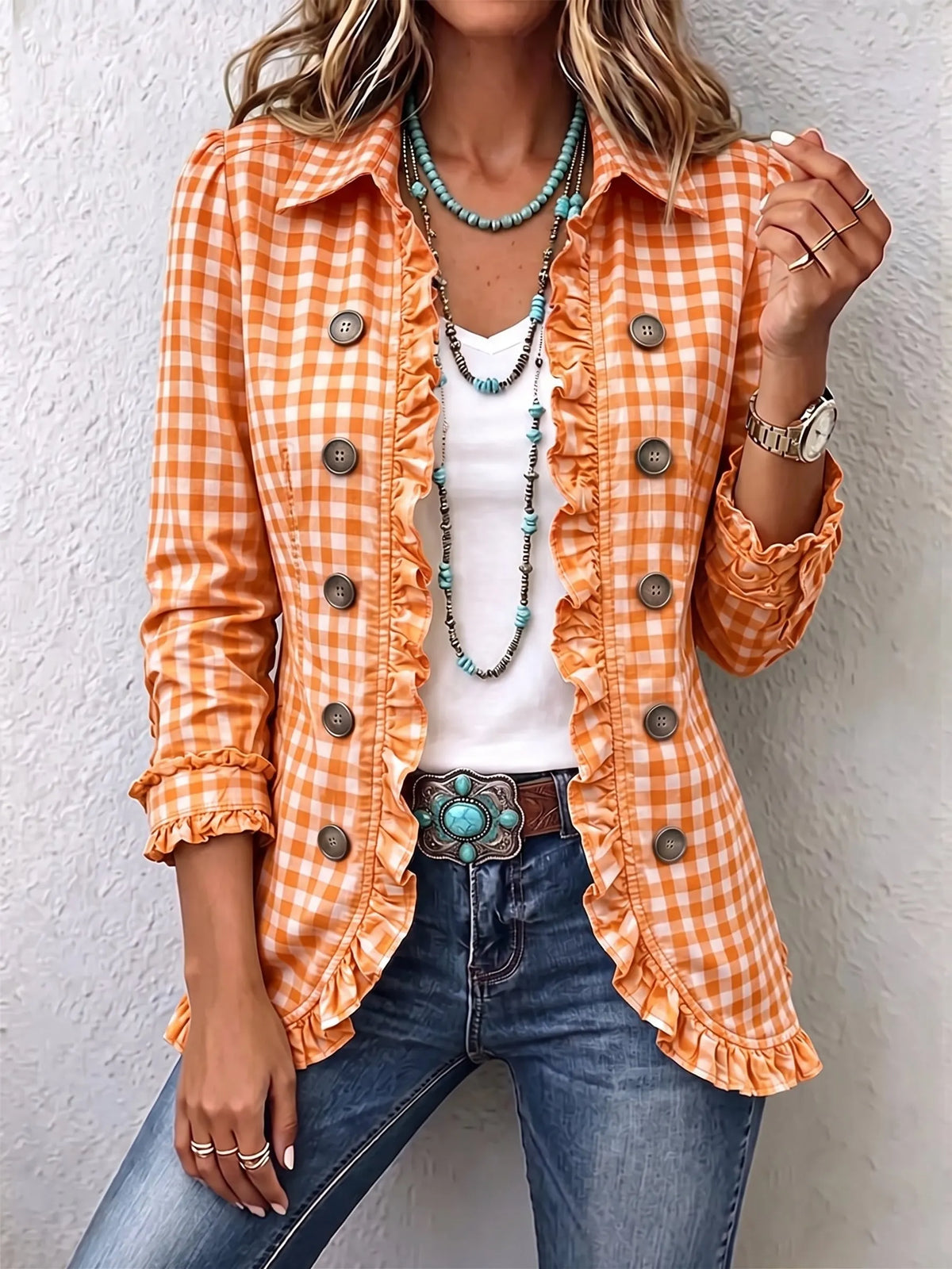 Chic Green Gingham Ruffled Button-Down Jacket