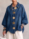 Boho Oversized Denim Jacket With Statement Gold Buttons