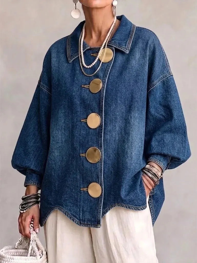 Boho Oversized Denim Jacket With Statement Gold Buttons