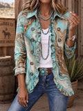 Women's Vintage Western-Style Print Casual Ruffled Shirt Jacket