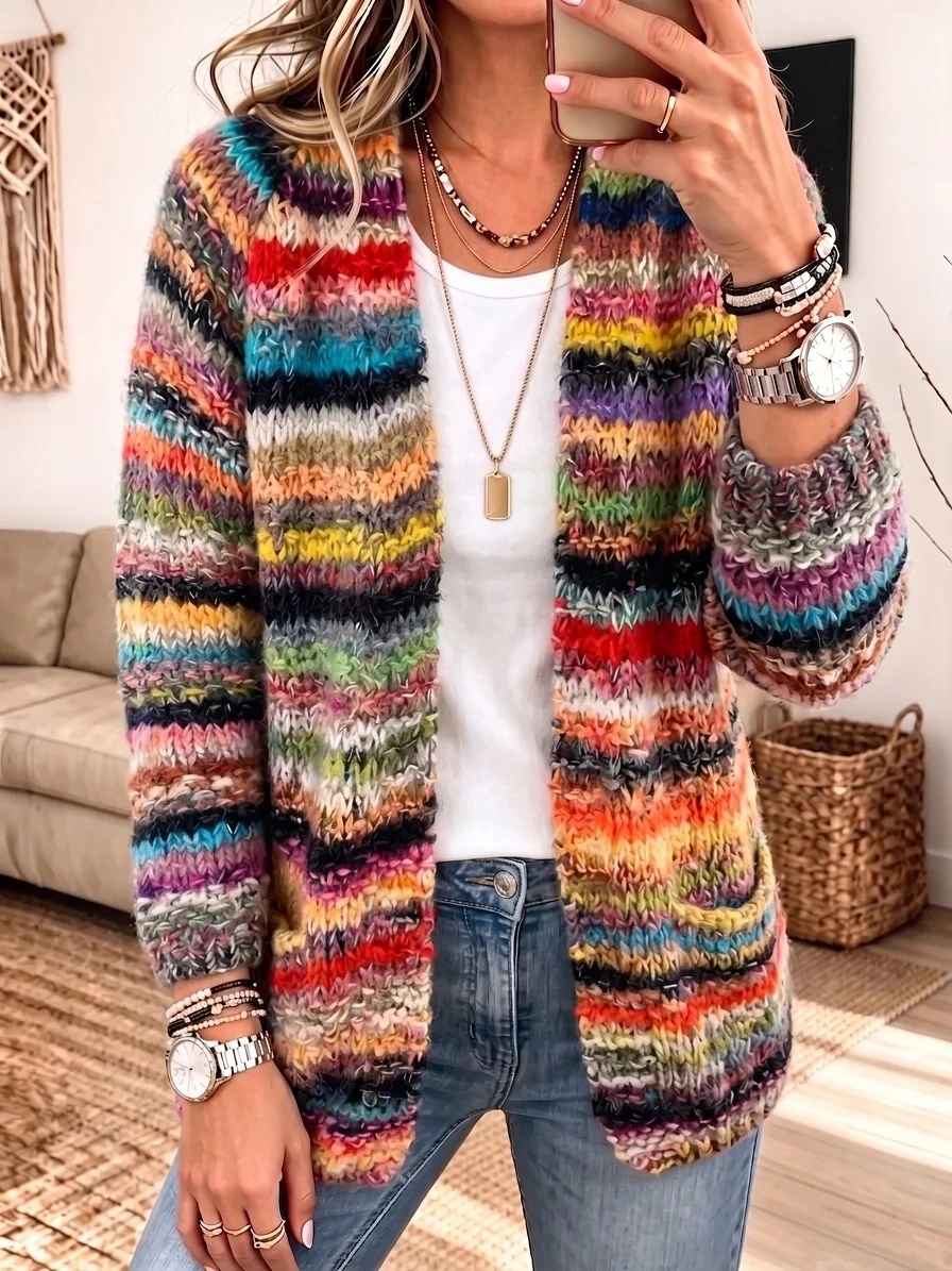 Rainbow Stripe Pockets Knit Cardigan