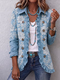 Women's Vintage Floral Print Casual Ruffled Shirt Jacket