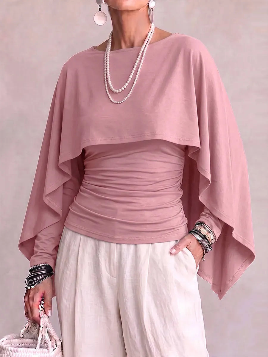 Women's Solid Color Round Neck Long-sleeved Casual Loose Cape-style Top