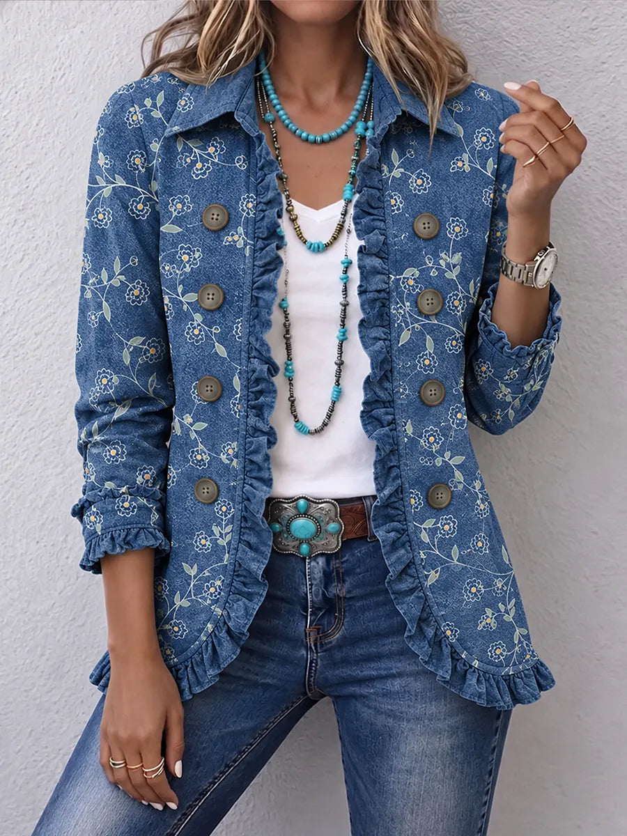 Women's Vintage Floral Print Casual Ruffled Shirt Jacket