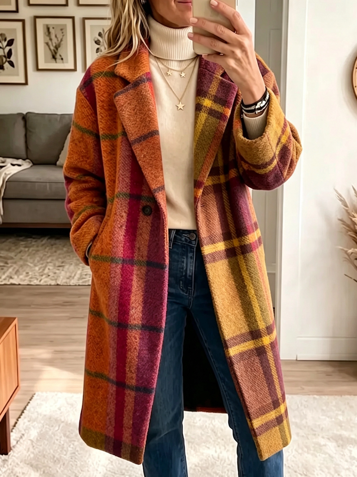Boho Rainbow Plaid Long Wool‐Blend Coat