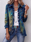 Women's Vintage Art Print Casual Ruffled Shirt Jacket
