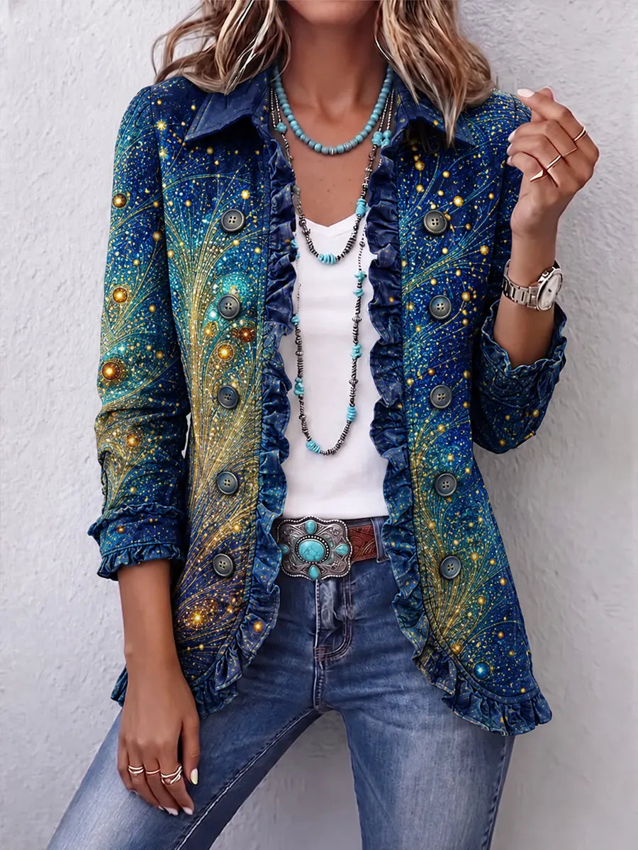 Women's Vintage Art Print Casual Ruffled Shirt Jacket