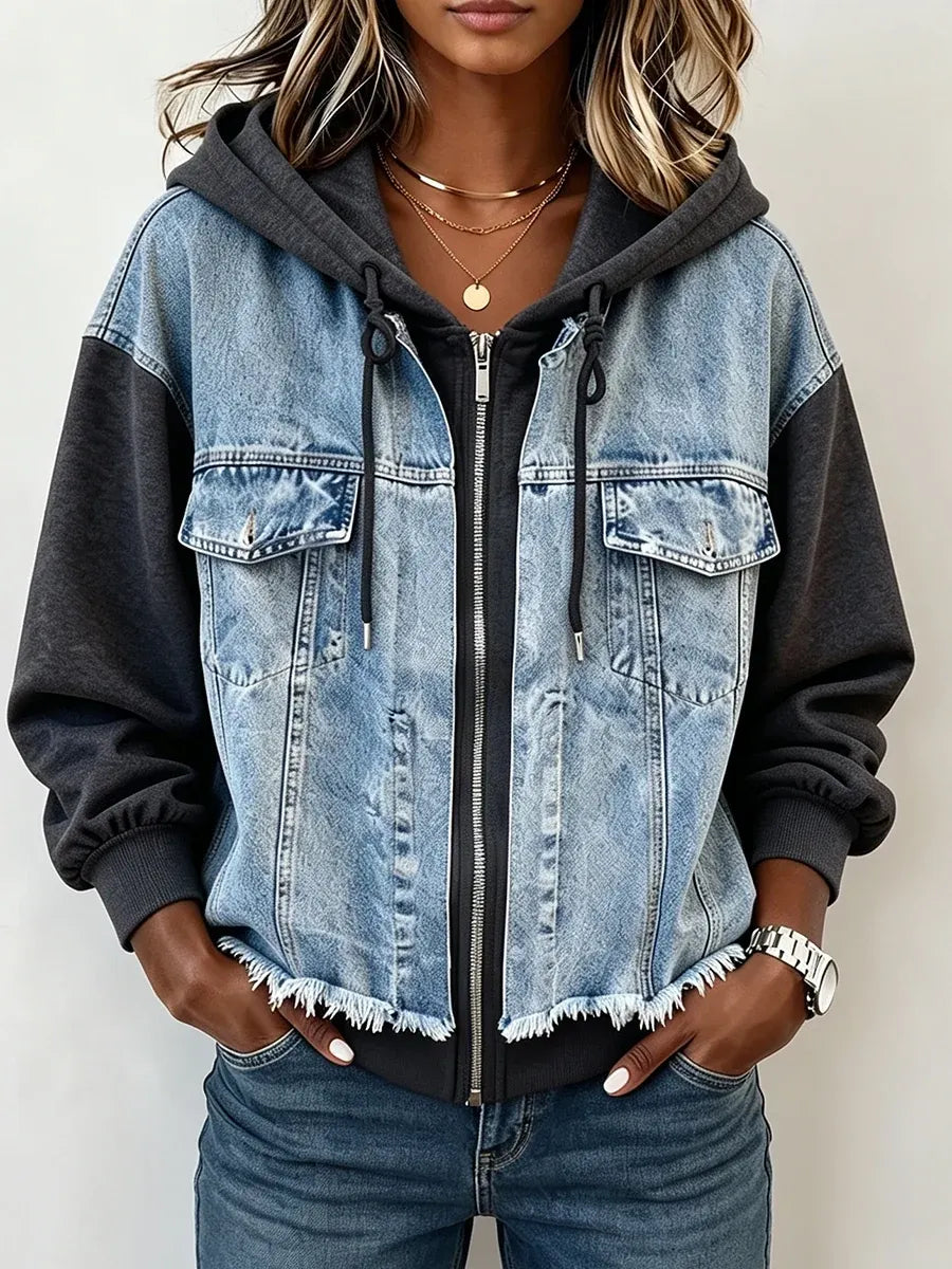 Western Spliced Zip‐Up Denim Hooded Jacket