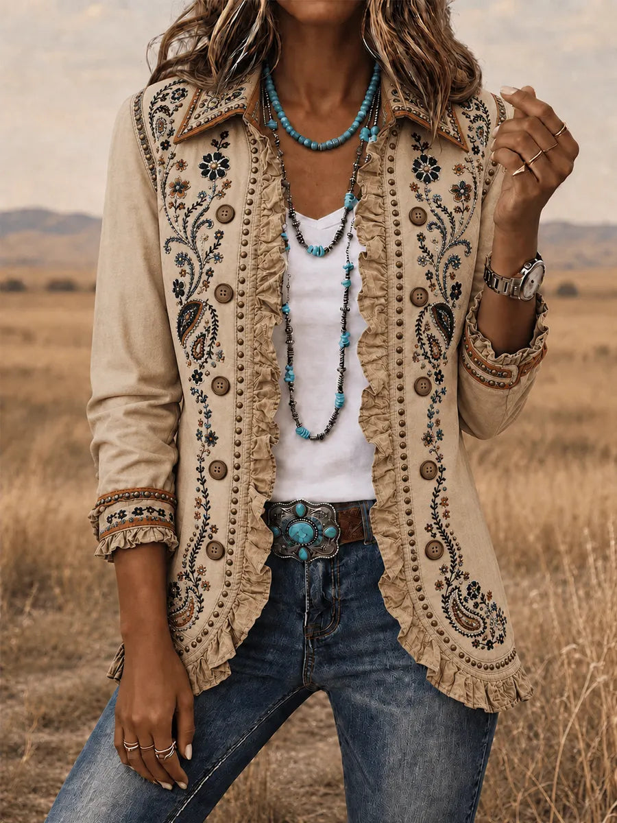 Women's Vintage Western Style Print Casual Ruffled Shirt Jacket