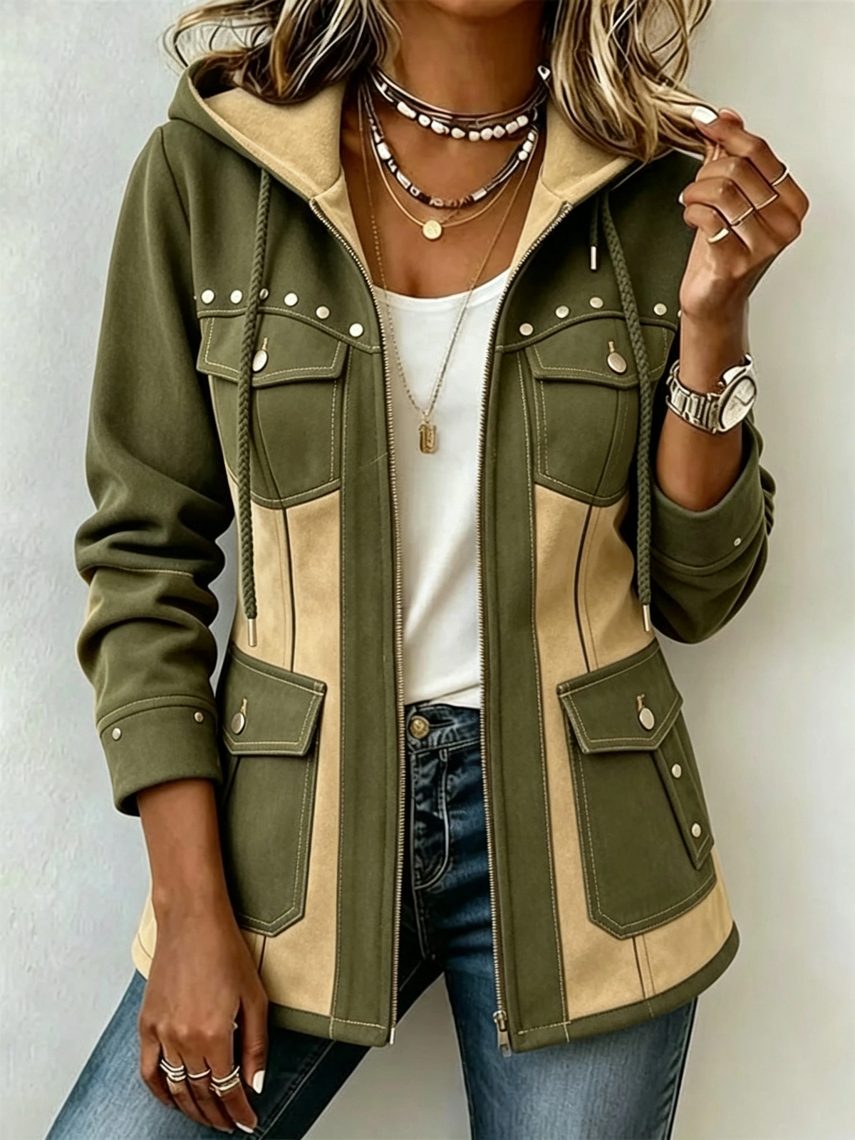Denim Patchwork Suede Hooded Jacket