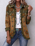 Women's Vintage Floral Art Print Casual Ruffled Shirt Jacket