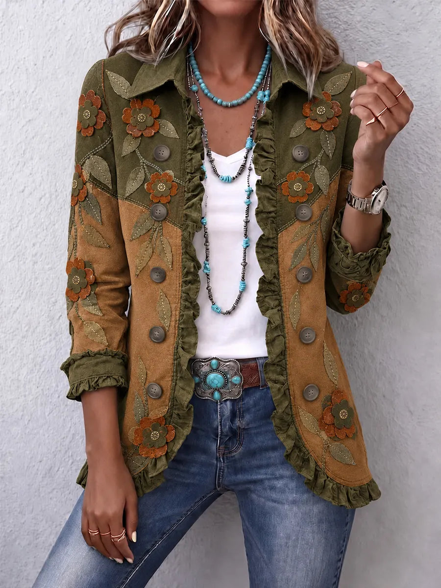 Women's Vintage Floral Art Print Casual Ruffled Shirt Jacket