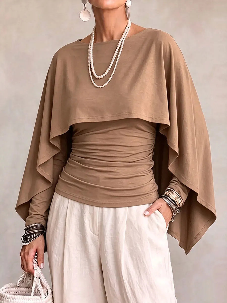 Women's Solid Color Round Neck Long-sleeved Casual Loose Cape-style Top