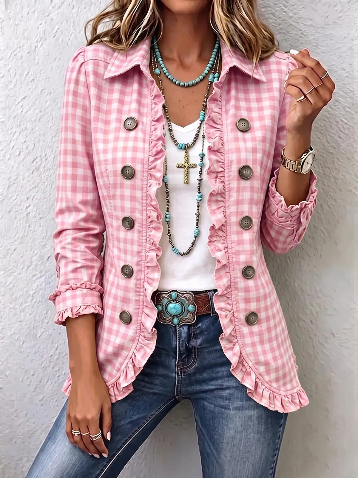 Chic Gingham Ruffled Button-Down Jacket
