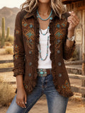 Women's Vintage Western-Style Print Casual Ruffled Shirt Jacket