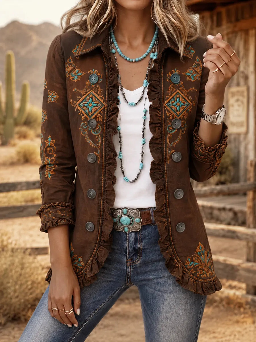 Women's Vintage Western-Style Print Casual Ruffled Shirt Jacket