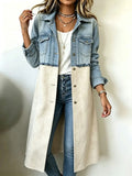 Vintage Frayed Trim Denim Suede Patchwork Long Jacket