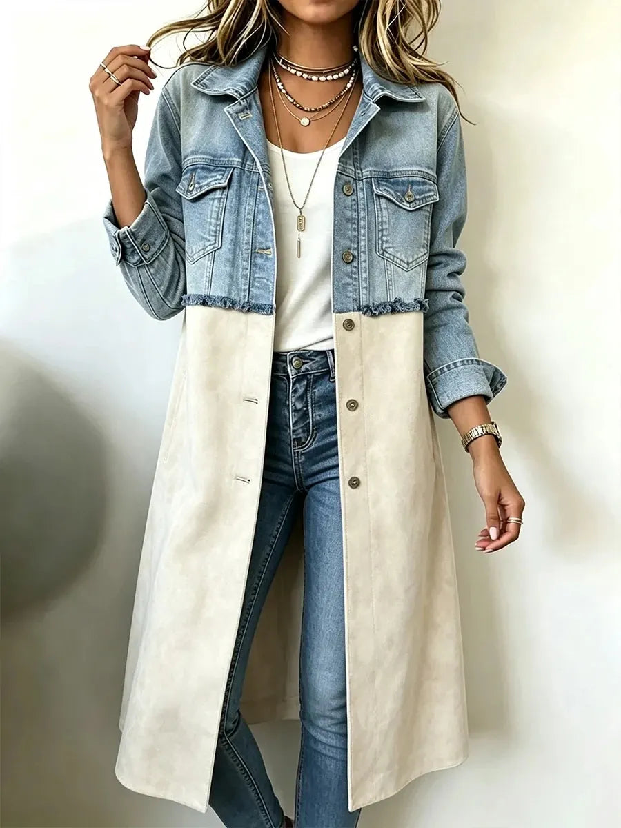 Vintage Frayed Trim Denim Suede Patchwork Long Jacket
