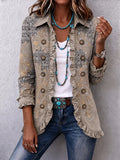 Women's Vintage Floral Print Casual Ruffled Shirt Jacket