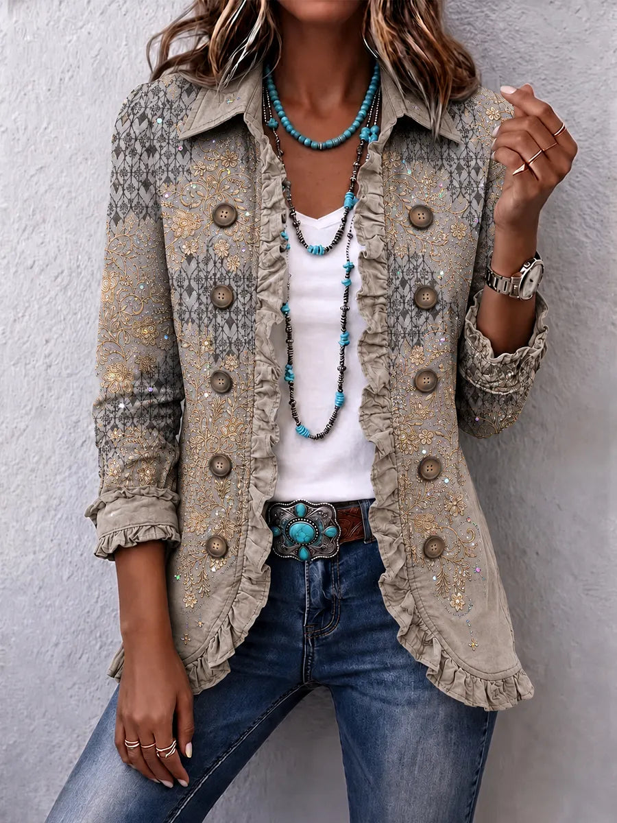 Women's Vintage Floral Print Casual Ruffled Shirt Jacket